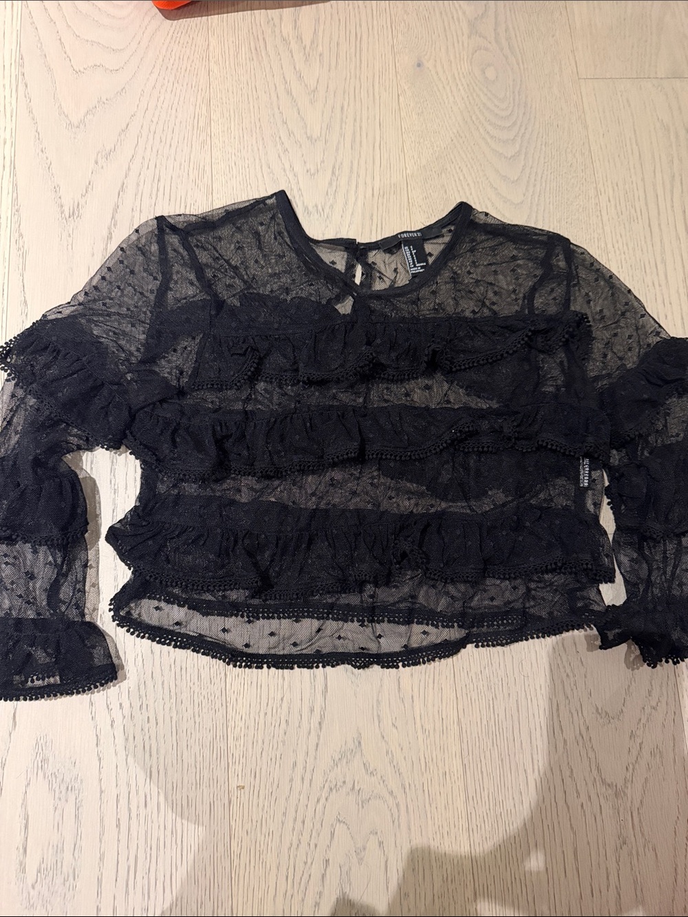 Forever 21 Black Sheer Ruffle Long-Sleeve Top